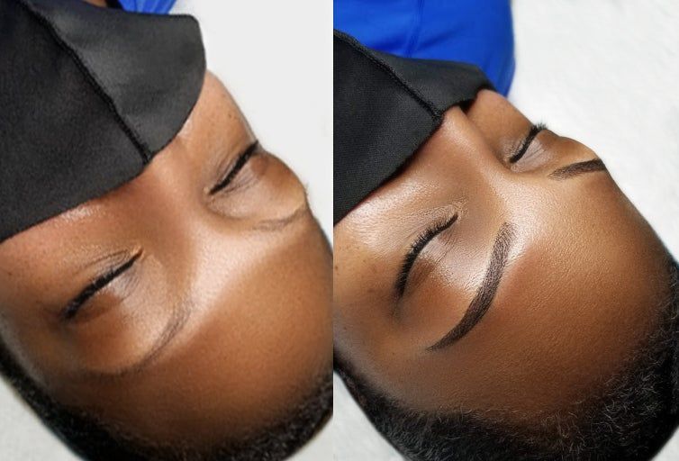 Before and after of a person's eyebrows. The after shows fuller, darker, and more defined eyebrows. The skin is dark, the eyes closed.