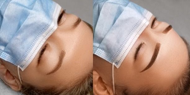 A before-and-after comparison of a person's eyebrows. The left side has lighter, less-defined brows; the right side shows darker, more shaped brows.