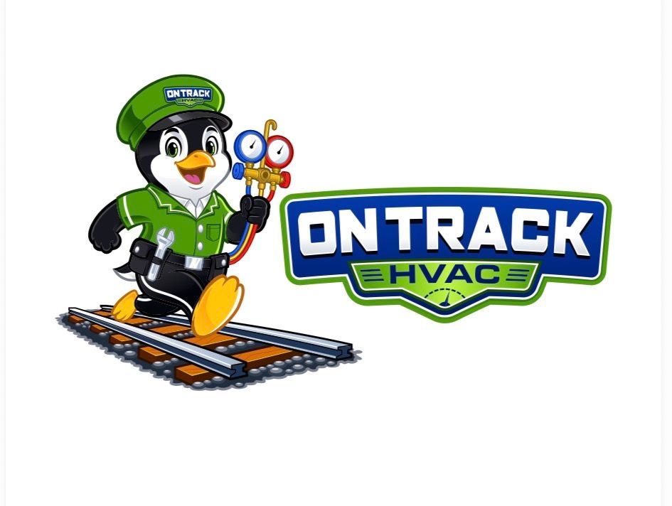 Ontrack HVAC logo with a penguin mascot in green uniform holding tools on a rail track