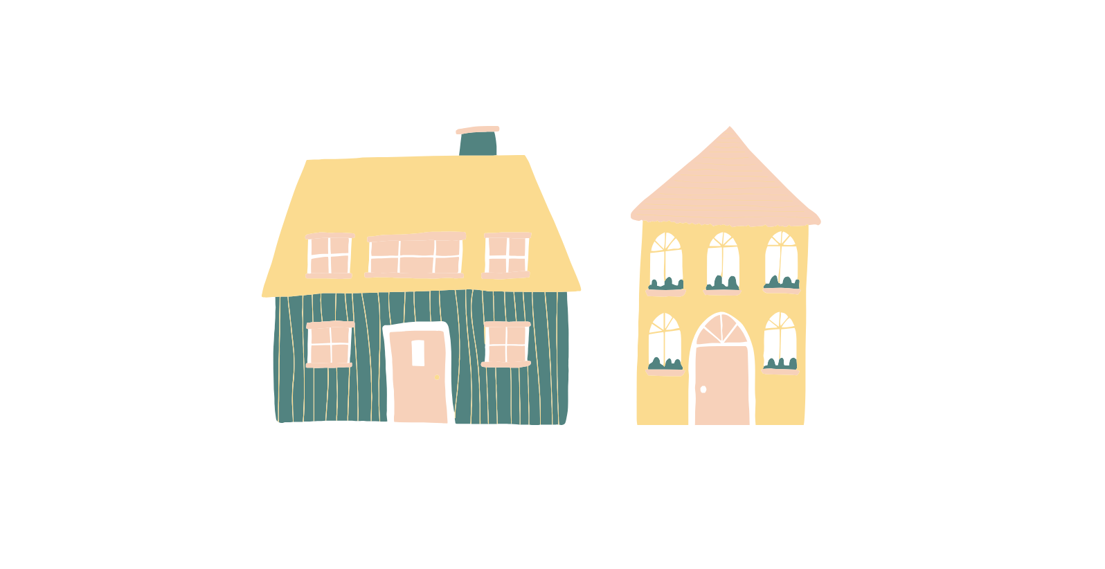 Two cartoon houses: one green with a yellow roof, one yellow with a pink roof.