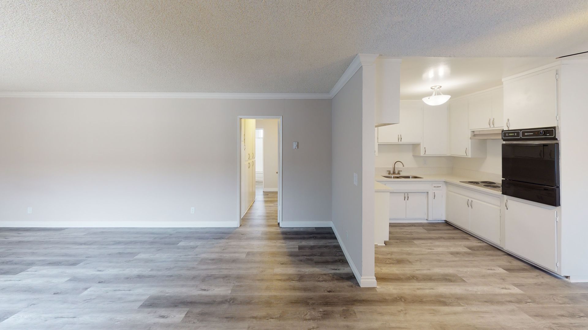 Empty apartment interior with a kitchen, hallway, and wood-look flooring.