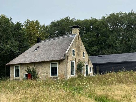 Stenen boerderij met rieten dak in een veld, bomen op de achtergrond.