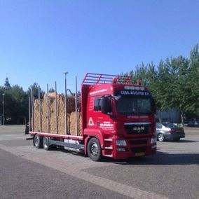 Rode MAN-vrachtwagen vervoert rietbalen op een oplegger in een zonnige omgeving.