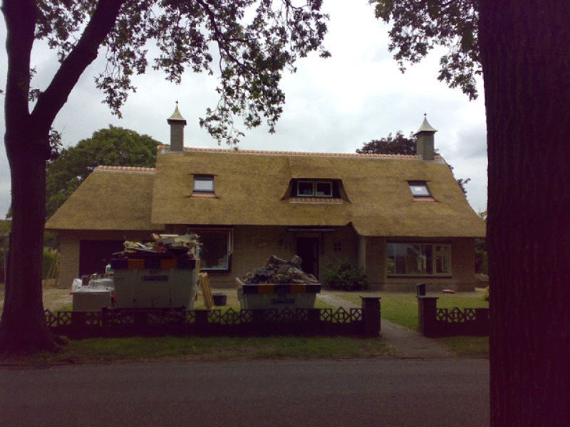 Een huis met een rieten dak, dakramen en twee schoorstenen. Bomen omlijsten het uitzicht.