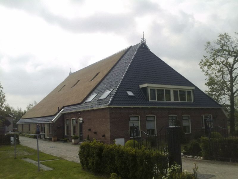 Boerderij met rode bakstenen muren en een rieten dak, onder een bewolkte hemel.