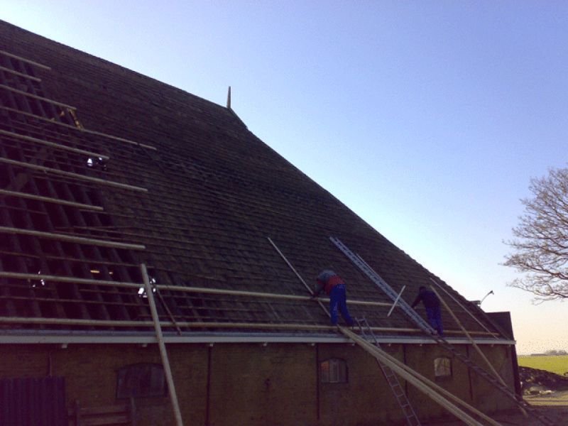 Werkers op een dak, bezig met de bouw of reparatie van het dak. Ladders, hout, blauwe lucht.