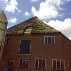 Bakstenen gebouw met een rieten dak, meerdere ramen en een blauwe lucht met wolken op de achtergrond.