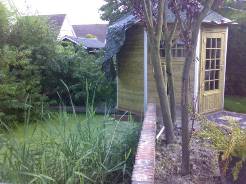 Houten schuurtje met hoog gras en een tuin op de achtergrond.