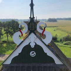 Witte zwanendakversiering op een groen-zwarte puntgevel, veld op de achtergrond.