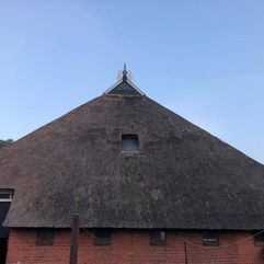 Groot gebouw met rieten dak en een bakstenen gevel onder een helderblauwe lucht.