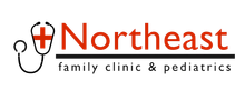 Logo of Northeast Family Clinic & Pediatrics, with a stethoscope and red cross icon.