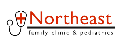 Logo of Northeast Family Clinic & Pediatrics, with a stethoscope and red cross icon.