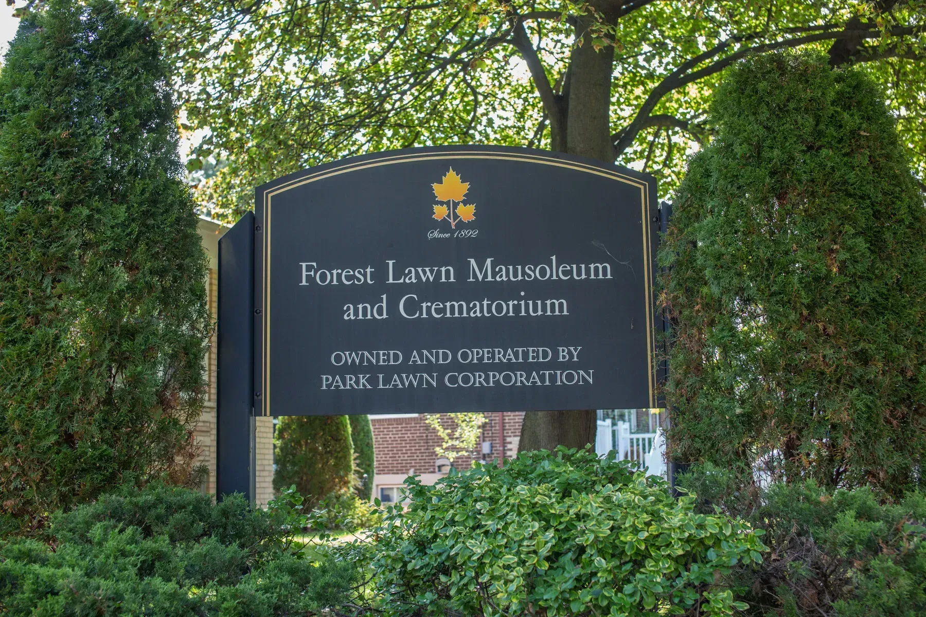 Forest Lawn Mausoleum and Crematorium sign amid green trees and shrubs