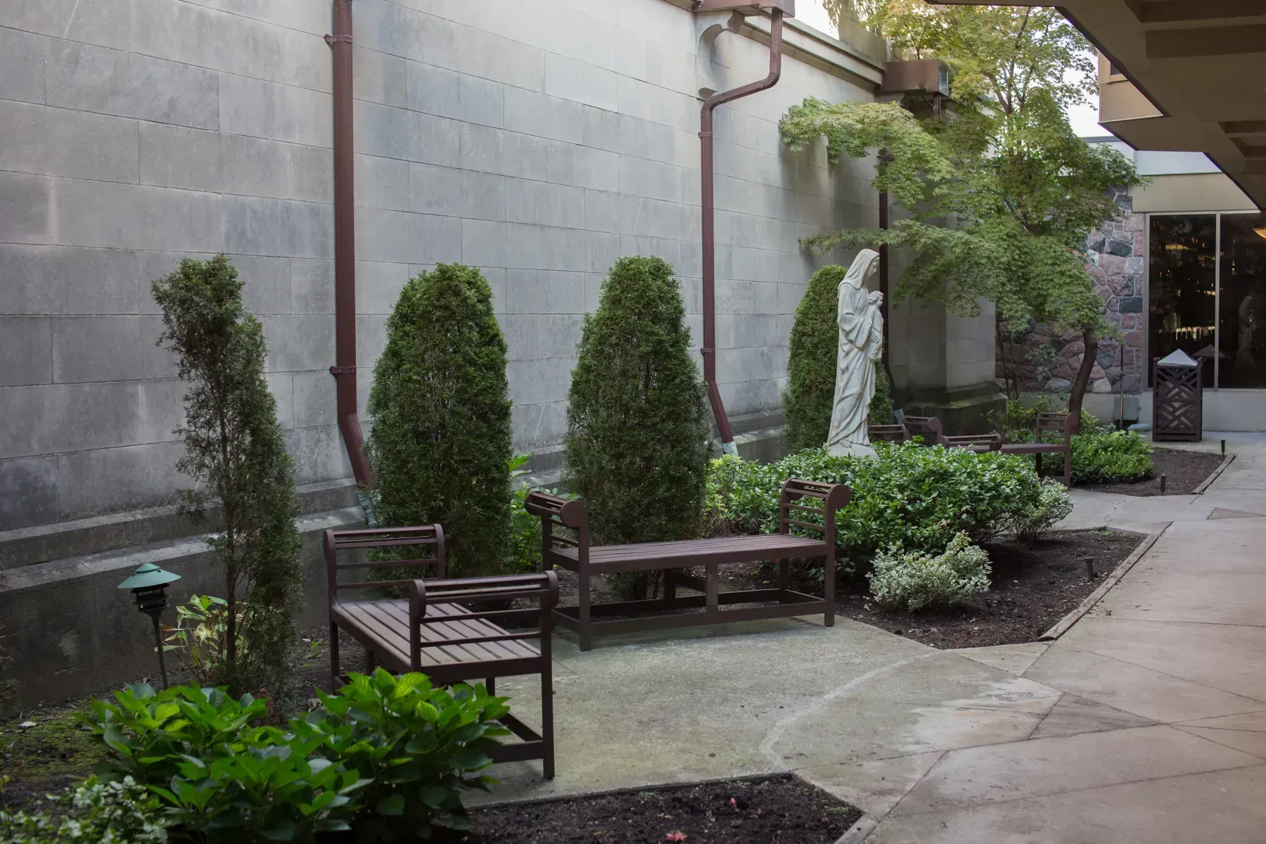 Courtyard garden with benches, tall shrubs, and potted plants beside a concrete walkway