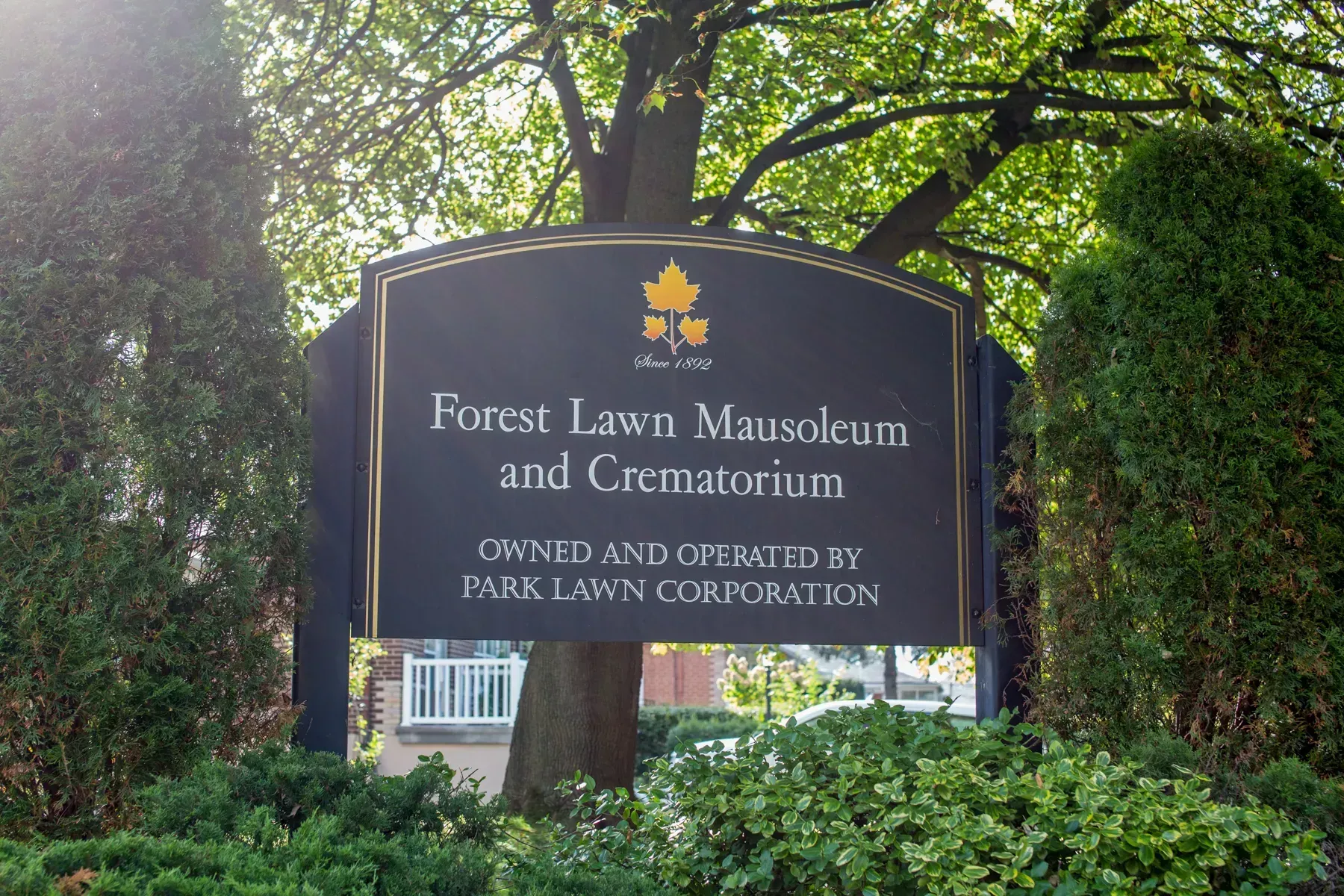 Sign for Forest Lawn Mausoleum and Crematorium amid trees and greenery