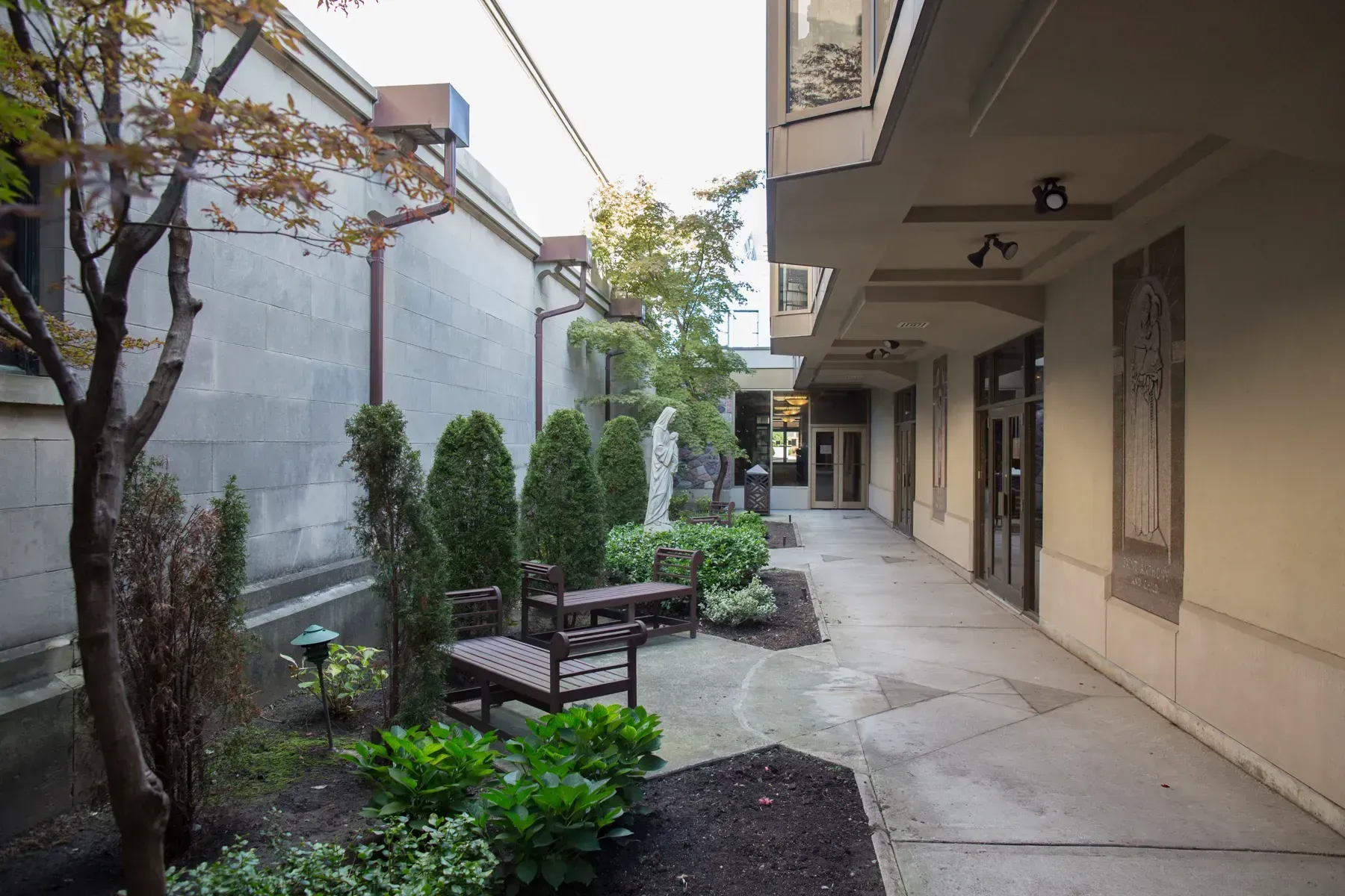 Narrow outdoor walkway beside beige building, with benches, potted shrubs, and trees along a gray path.