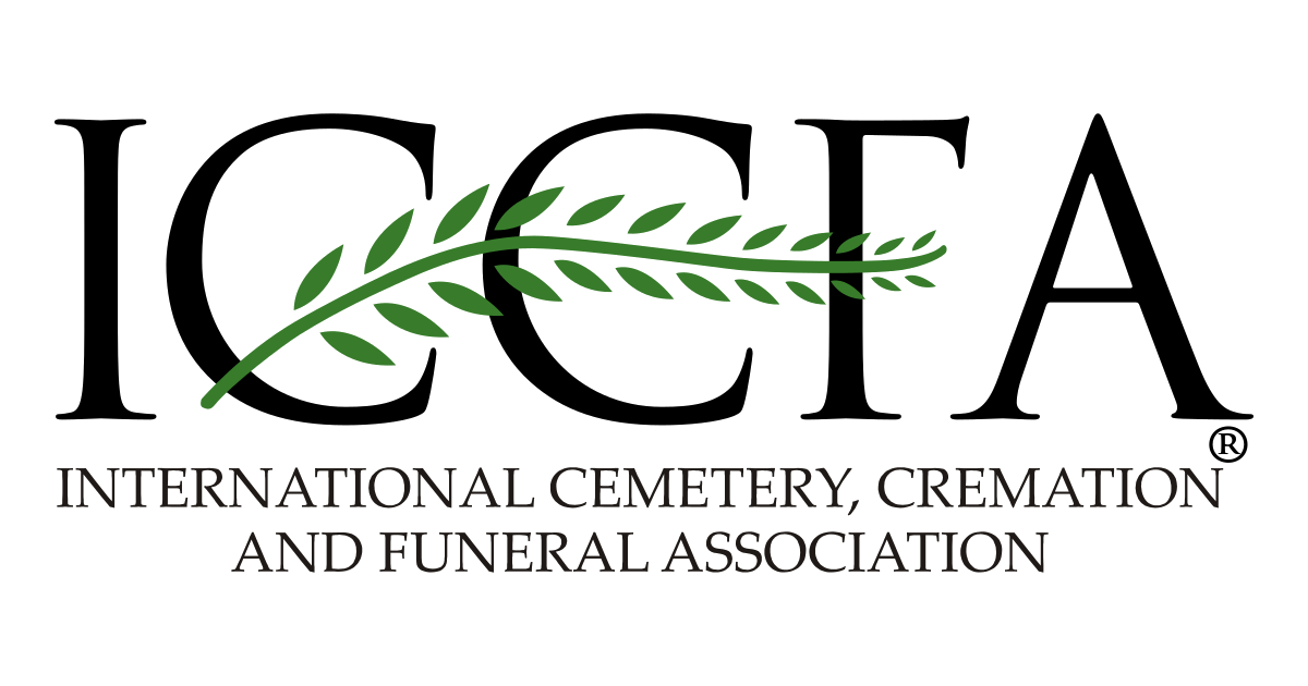 ICFA logo with black letters and green leafy branch, reading International Cemetery, Cremation and Funeral Association