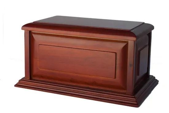 Brown wooden casket with a polished finish and raised lid, shown on a white background