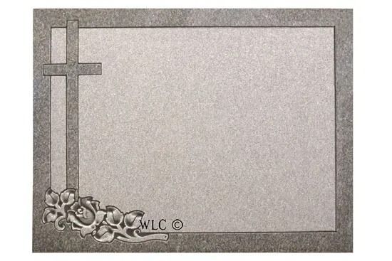 Silver-gray cross-themed decorative card with floral accents in the lower left corner