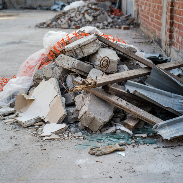 Pile of broken concrete, debris, and metal scraps on a sidewalk beside a brick wall.