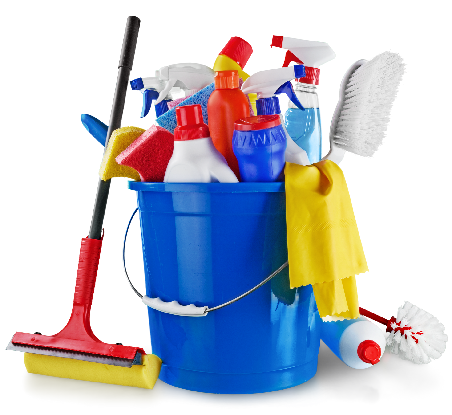 Blue bucket filled with cleaning supplies, with mop, spray bottles, sponge, and cloths around it
