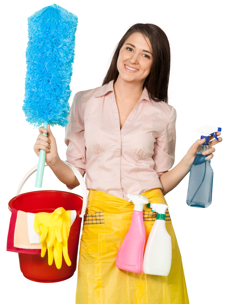 Cleaning supplies held by a smiling person with mop, bucket, gloves, spray bottle, and cloths.