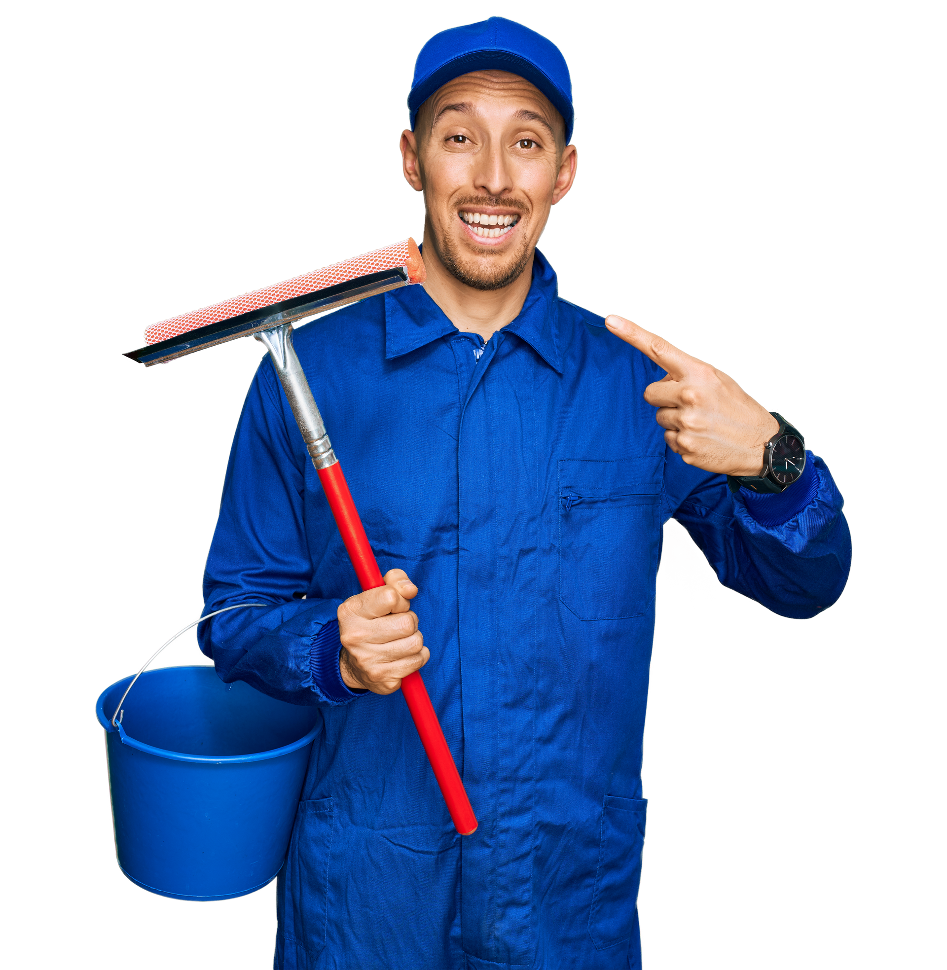 Smiling cleaner in blue uniform holding mop and bucket, pointing at himself on a white background