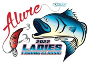 2022 Ladies Fishing Classic logo: Blue fish with open mouth, red lure, and 