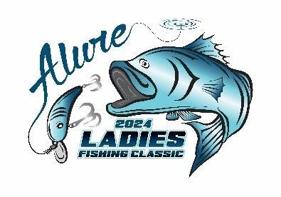 Logo for 2024 Ladies Fishing Classic. Features a stylized blue fish leaping for a lure. Text includes 