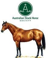 Australian Stock Horse Society logo above a chestnut horse with black legs.