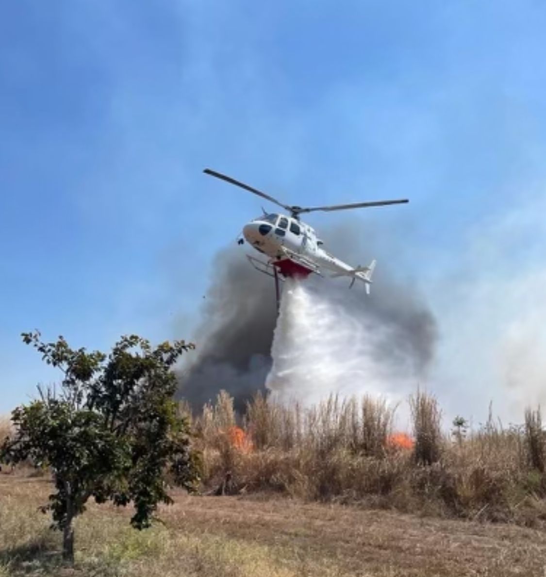 Helicopter dropping water on a wildfire in a field, with smoke and flames visible.