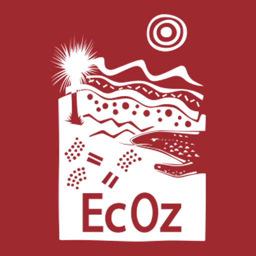 White EcOz logo on red background: abstract landscape design with sun, mountains, and text 