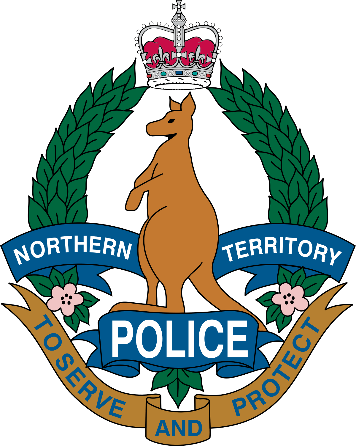 Northern Territory Police emblem: kangaroo with crown, surrounded by text 