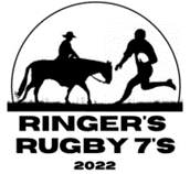 Logo: Cowboy on horse and rugby player running with ball; 