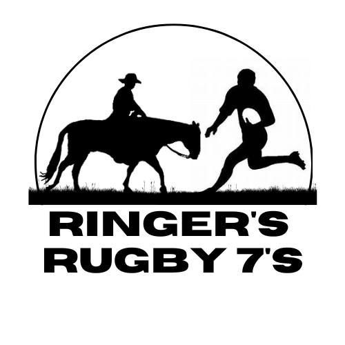 Silhouette of a horse and rider next to a rugby player running with a ball. Text: Ringer's Rugby 7's.