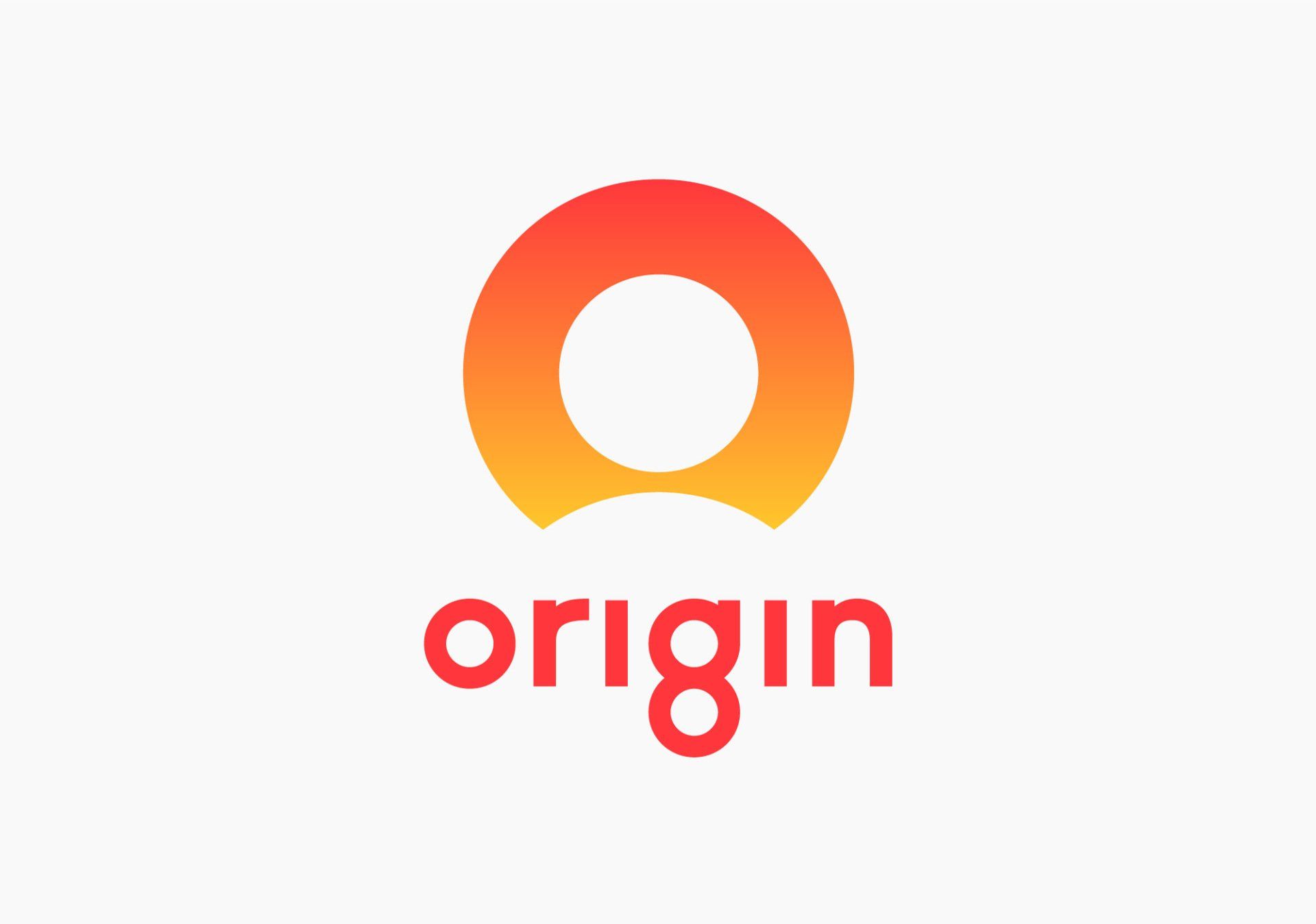 Origin logo: Orange gradient circle with a hole, red text 