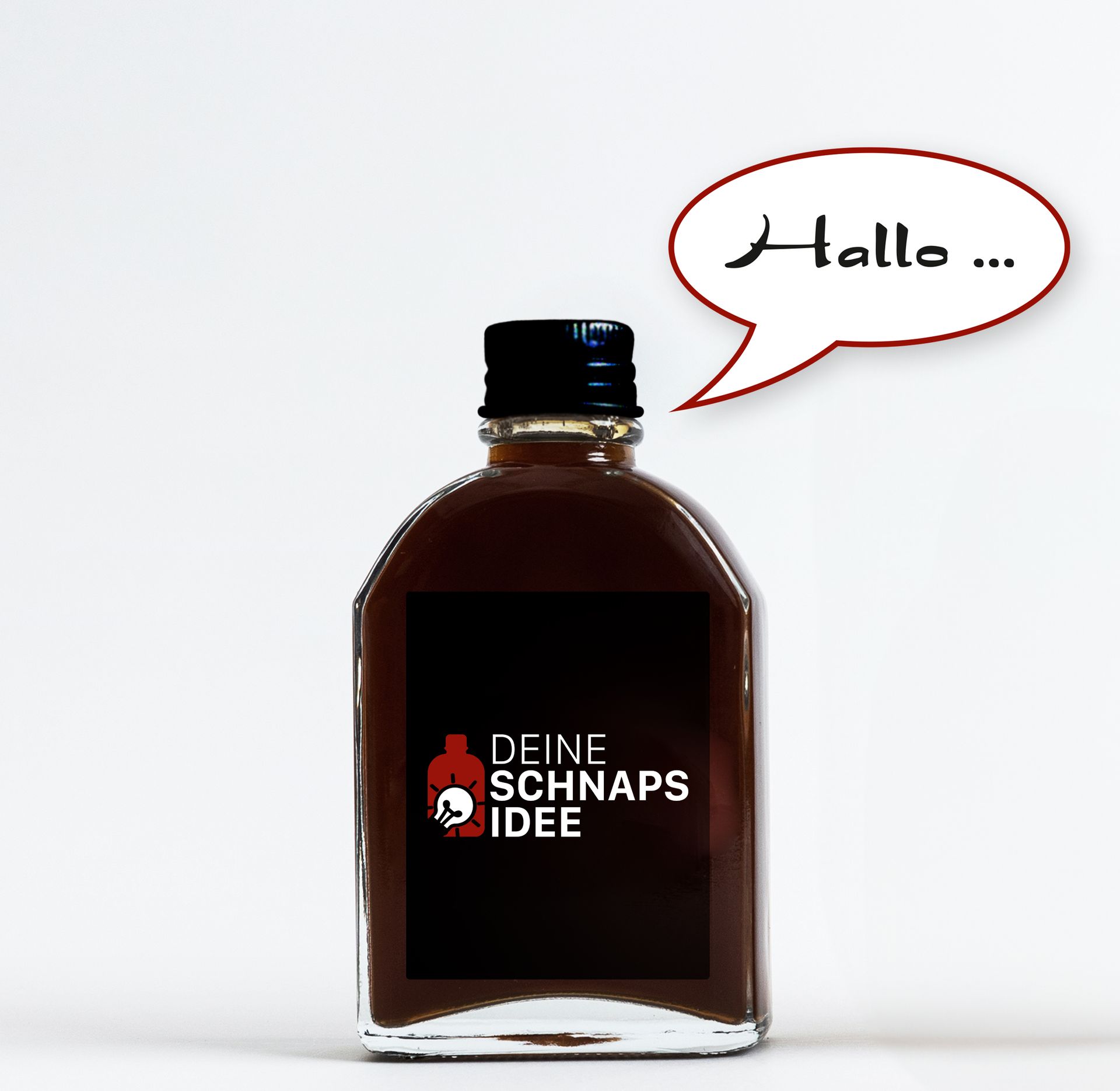 Eine Flasche mit einer Sprechblase mit der Aufschrift „Hallo“