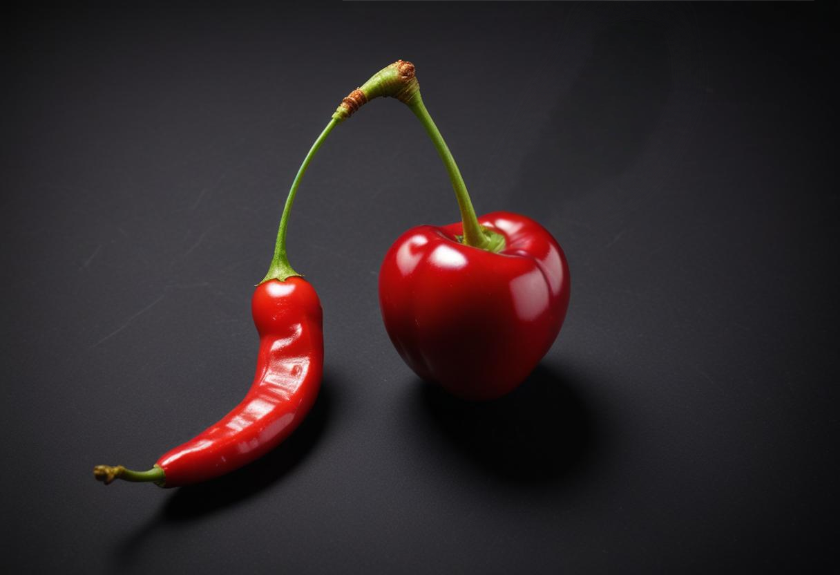 Eine Kirsche und eine rote Paprika auf schwarzem Hintergrund