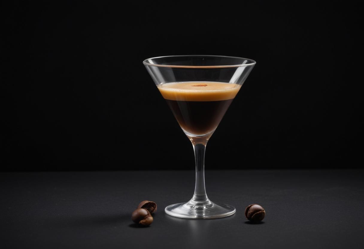 Ein Martini-Glas gefüllt mit Kaffee und Schokokugeln auf einem Tisch.