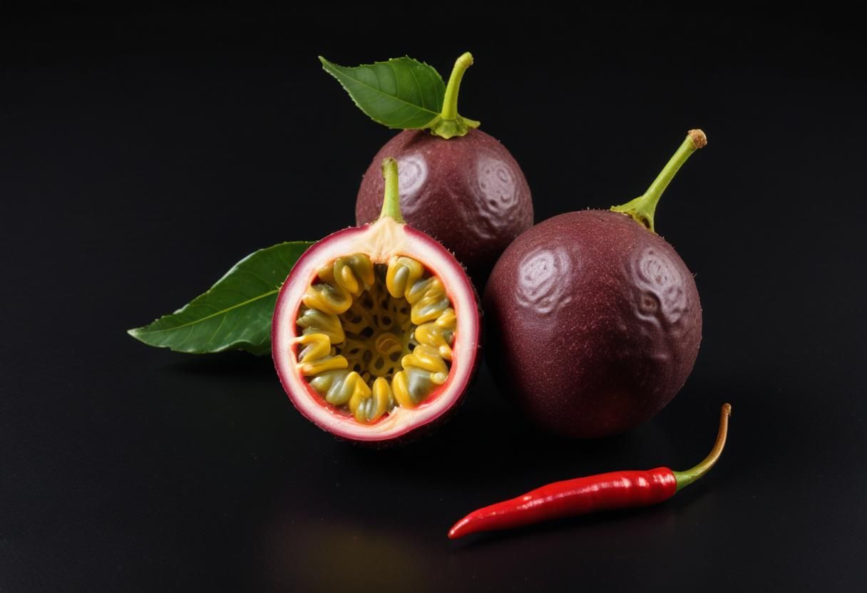 Drei Passionsfrüchte und eine rote Chilischote auf schwarzem Hintergrund.