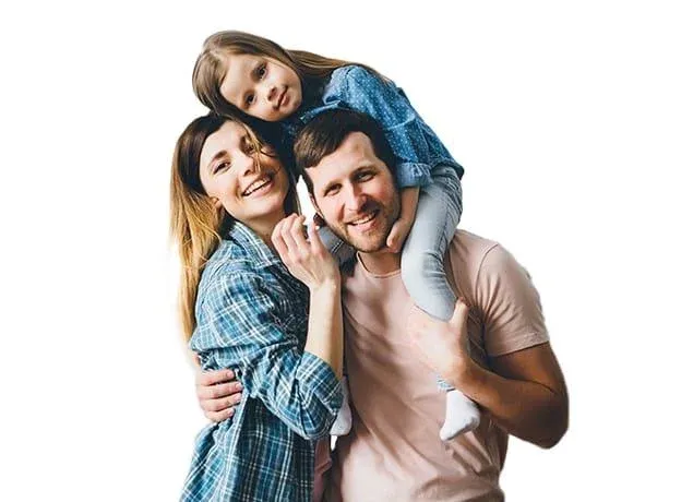 three people family mother father and daughter sitting on the shoulders of her father