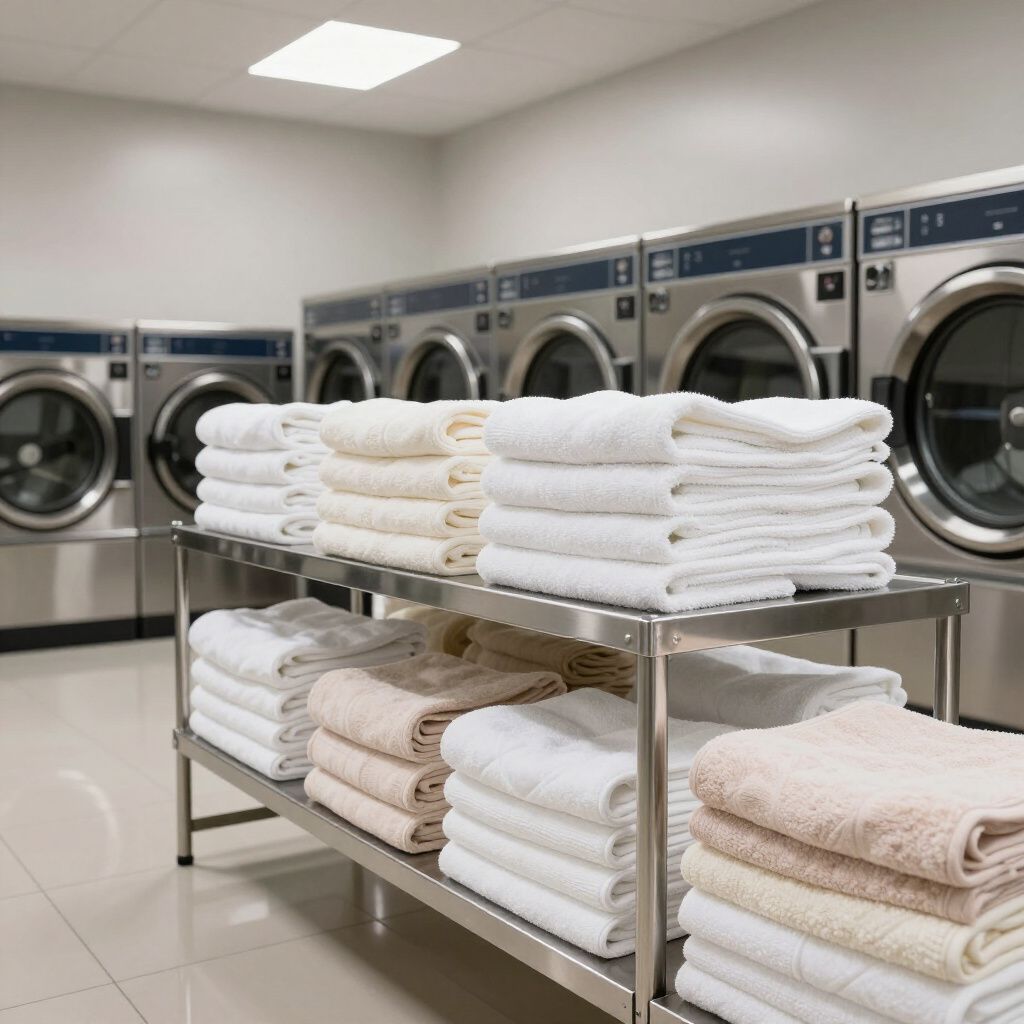 Buanderie avec lave-linge et sèche-linge en acier inoxydable, étagères remplies de serviettes blanches et beiges pliées.