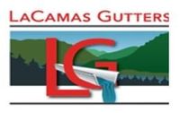 LaCamas Gutters logo: Red "LG" over gutter, water pouring out; green hills in background.