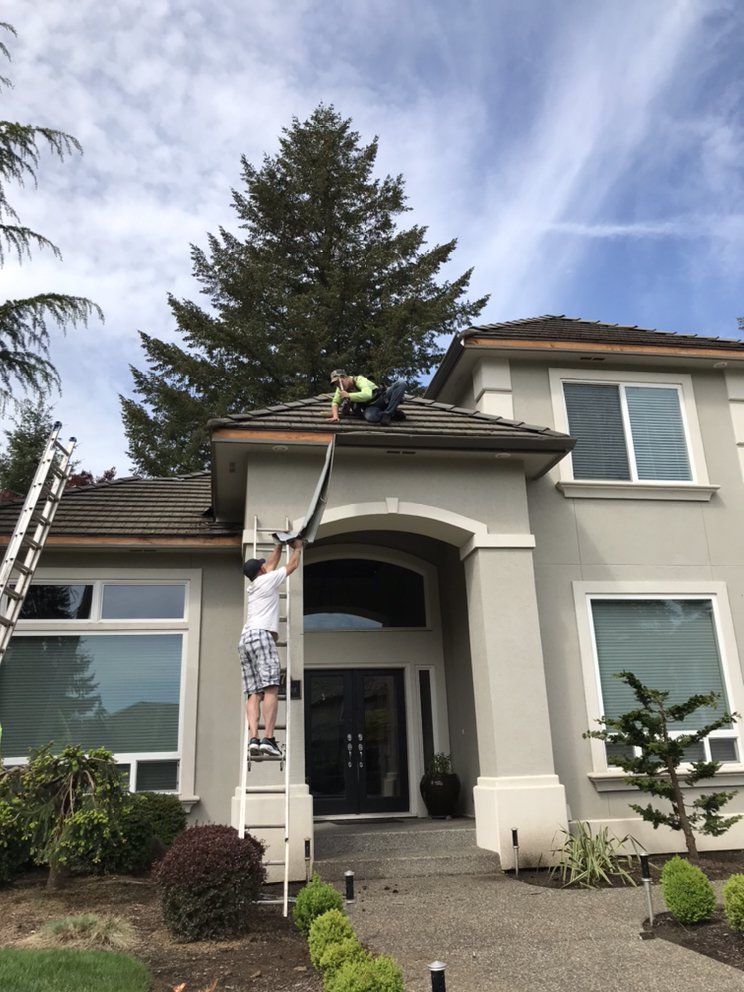 Two people cleaning gutters on a two-story house, one on a ladder, the other on the roof.