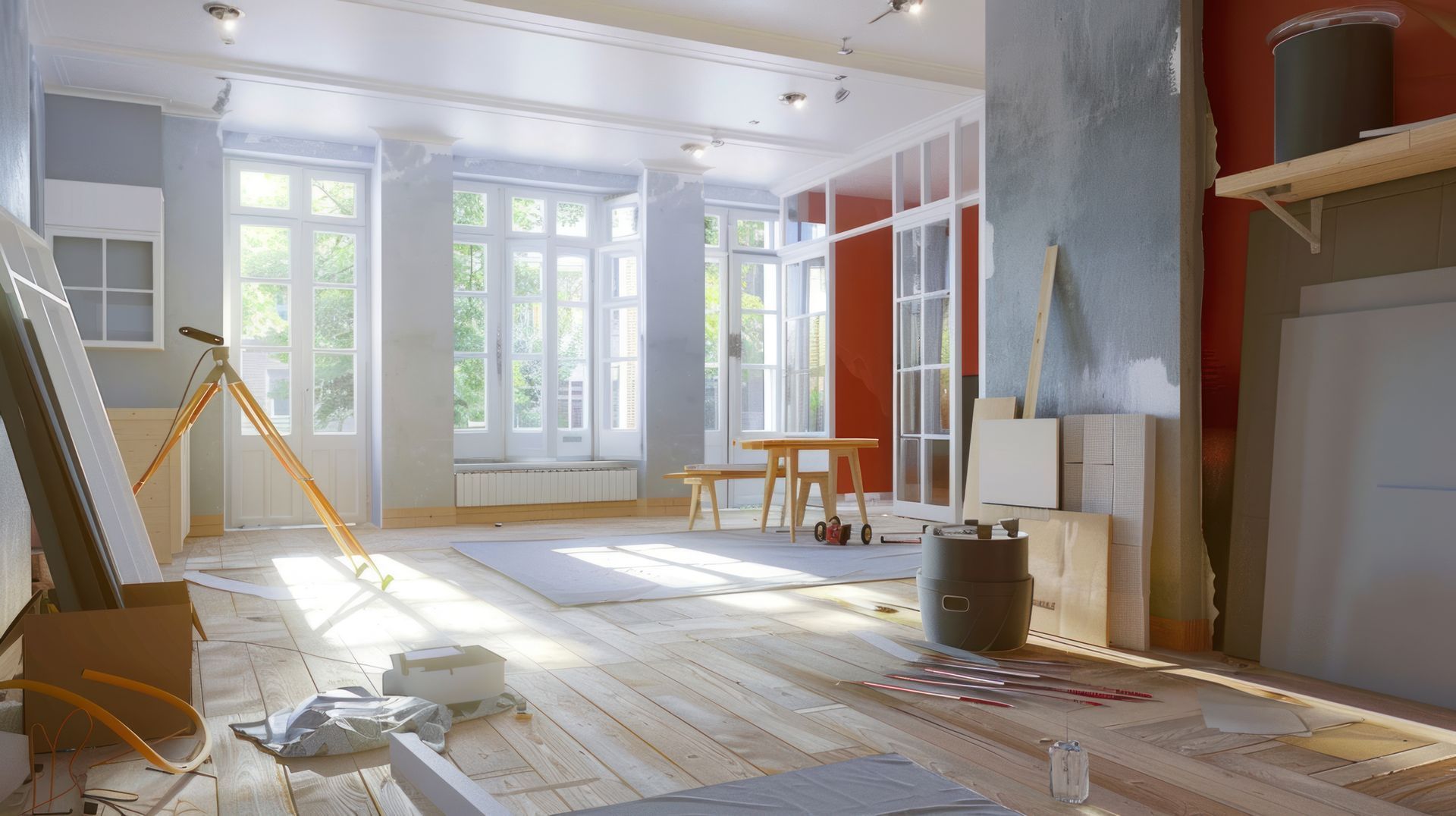 Sunlit room under renovation with paint buckets, ladders, and tools on the floor