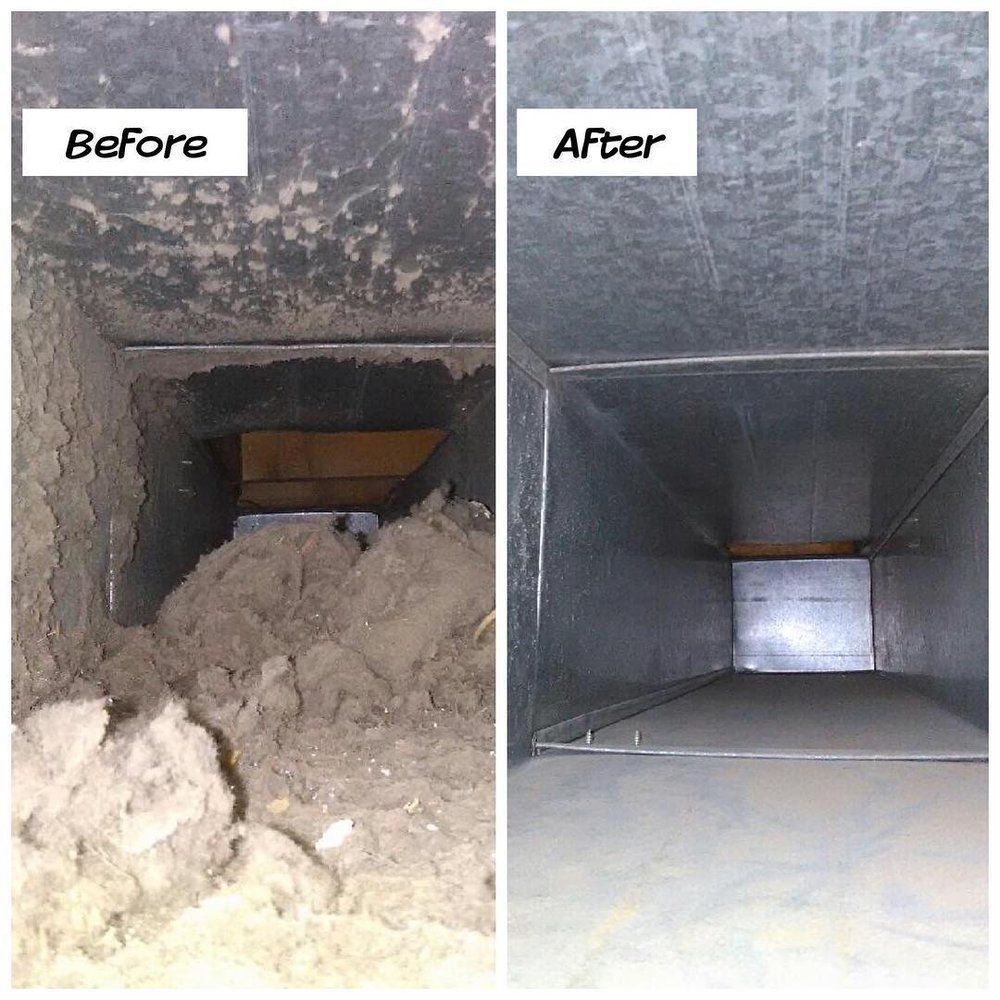 A before and after picture of a duct that has been cleaned