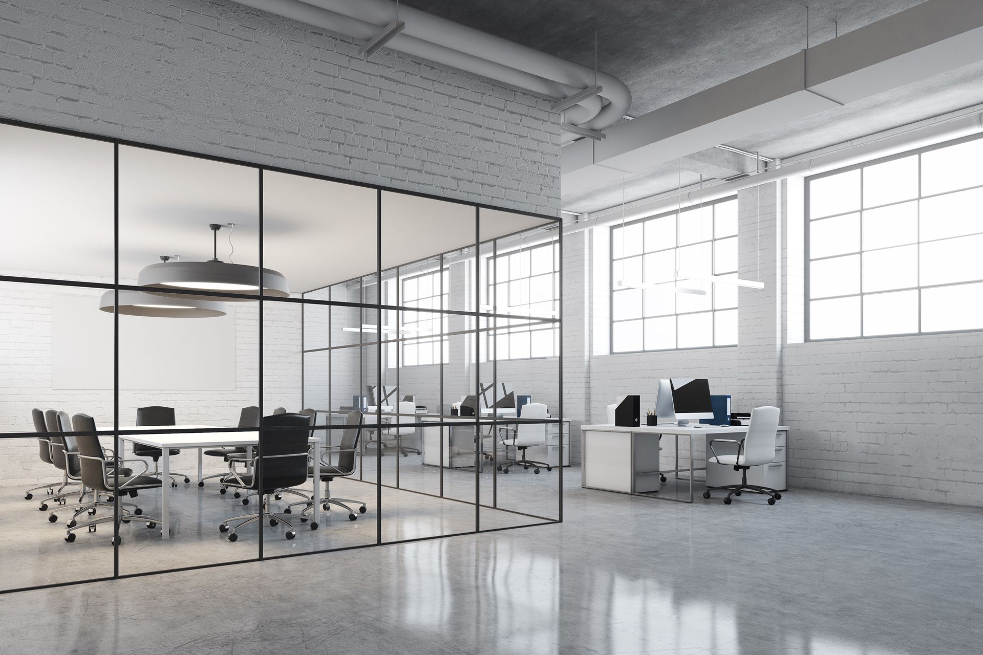 An empty office with a glass wall and a conference room