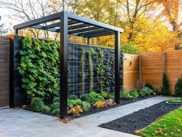 Tranquil garden with a pergola, plants, and a walkway under a black pergola