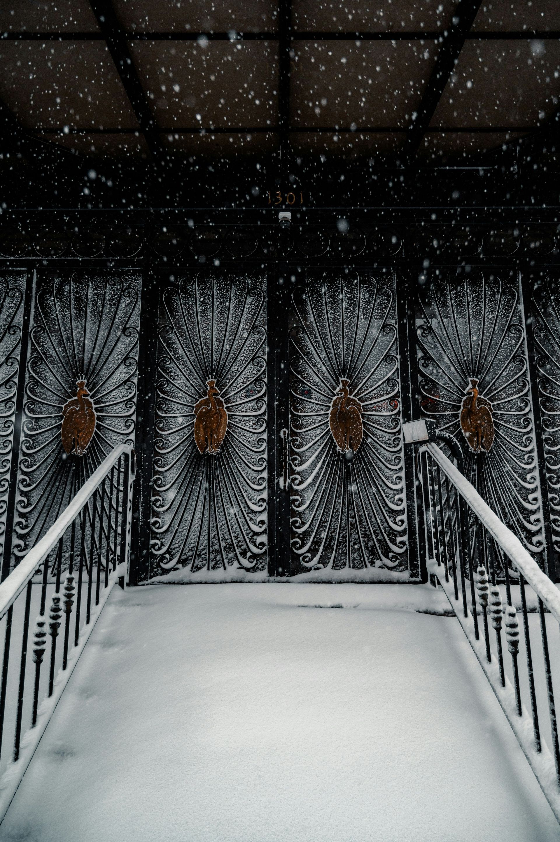 Snowy walkway with railing