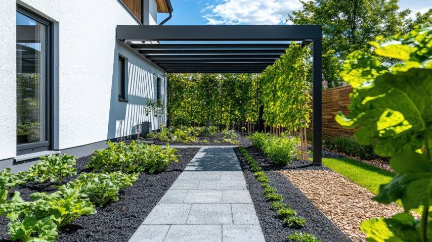 Vivid garden with a walkway and a black metal pergola